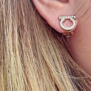 Salvatore Ferragamo Gancini Gold Tone Clip On Earrings Crystals Diamante